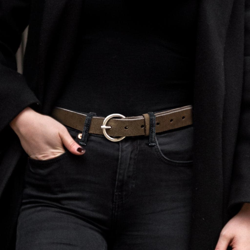 Women's Circle Leather Belt | Dark Olive Suede, view 4
