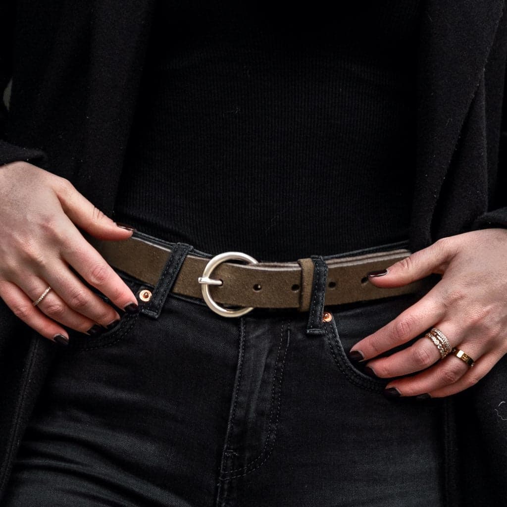 Women's Circle Leather Belt | Dark Olive Suede, view 5