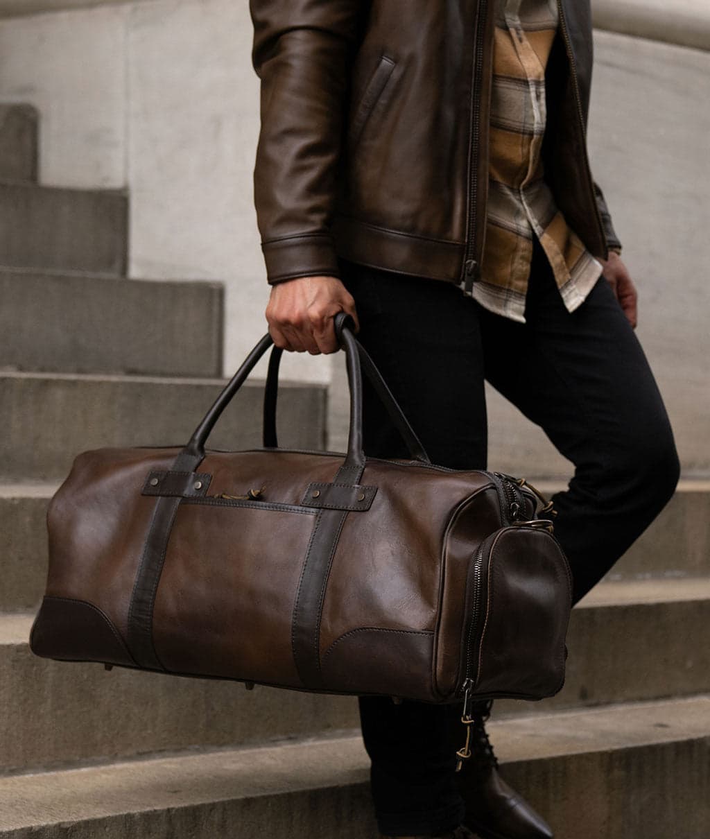 A leather weekender bag
